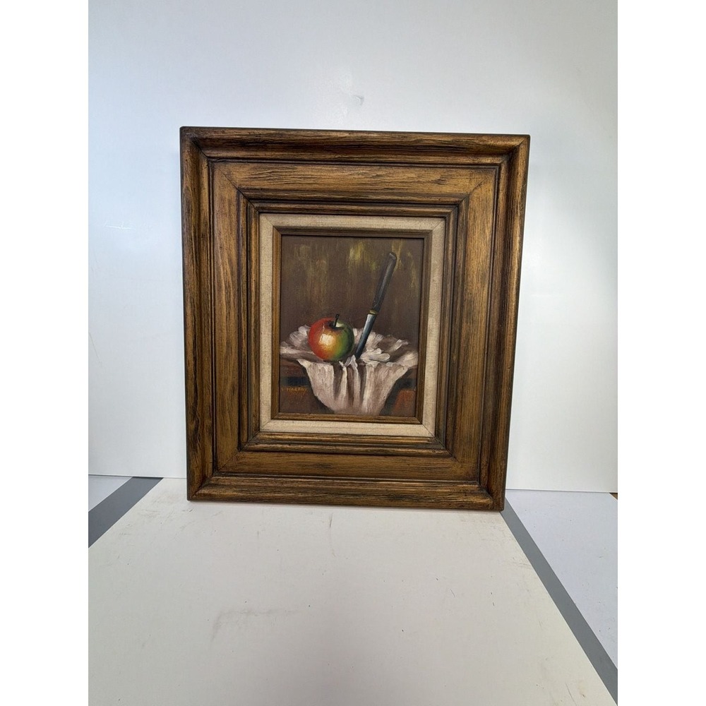 L. Marray Still Life Oil Painting of Apple and Knife in Wood Frame
